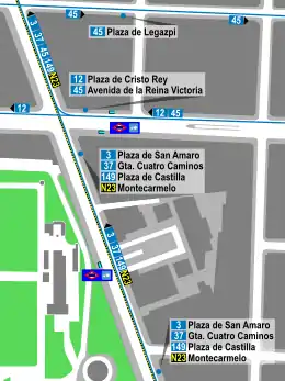 Mapa zonal de la estación de Ríos Rosas con los accesos al Metro y Cercanías y los recorridos de los autobuses de la EMT que pasan por ella, entre los que se encuentra la línea 3.