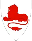 Escudo de armas de la municipalidad de Rødøy, Noruega, mostrando un león tendido de gules (1988)