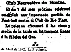 Noticias de prensa del 28 de abril de 1892 sobre un encuentro del club en la Fábrica de Gas.