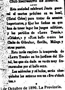 Noticia en el diario "La Provincia" (4 de octubre de 1890) informando de diferentes encuentros del Huelva Recreation Club con clubes de Gibraltar, Sevilla y Málaga.