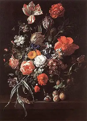 Rachel Ruysch, Bodegón con buqué de flores y ciruelas, óleo sobre lienzo, Museos Reales de Bellas Artes de Bélgica, Bruselas