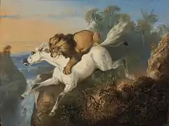 León atacando a un caballo.