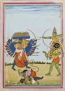 Rama y Hanuman peleando contra Ravana del Ramavataram, un álbum pintado sonbre papel de Tamil Nadu, c. 1820 CE
