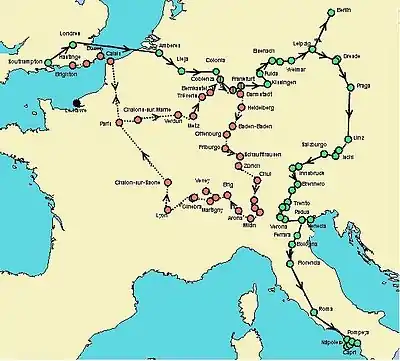 Mapa de los viajes de Shelley por Europa.