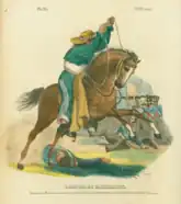 Ranchero lazando un oficial (1828). México nunca tuvo una caballería militar formal, pues estaba formada por los mismos Charros de las haciendas.