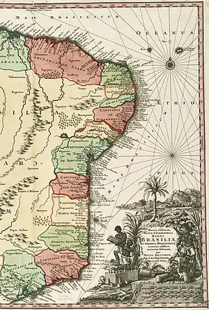 Mapa de 1730 de la costa oriental de Brasil, por Matthäus Seutter. En la esquina superior derecha aparece las islas Fernando de Noronha, más al sur el estado de Espirito Santo, los Abrolhos y en el borde inferior, Río de Janeiro. Norman B. Leventhal Map & Education Center, Biblioteca Pública de Boston.