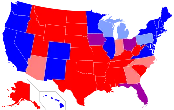 Mapa electoral de Estados Unidos que muestra los estados púrpura y son los que han cambiado de partido al menos dos veces en las últimas cuatro elecciones (de 1996 a 2008).