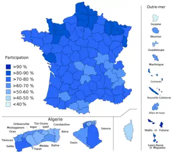 Résultats par département :
Plantilla:Légende/DébutPlantilla:LégendePlantilla:Légende Plantilla:Légende Plantilla:Légende Plantilla:Légende Plantilla:Légende Plantilla:LégendePlantilla:Légende/Fin