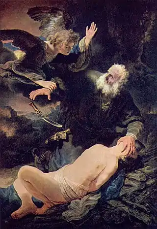 Abraham a punto de sacrificar a Isaac y la intervención del ángel. Óleo por Rembrandt.