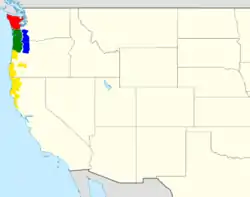 alt=Distribución de las especies de Rhyacotriton en la costa este de Estados Unidos, según los datos de la IUCN.
     R. olympicus     R. kezeri      R. cascadae      R. variegatus