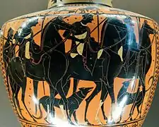 Jinetes y perros en una cerámica de figuras negras (ca. 500 a. C.).