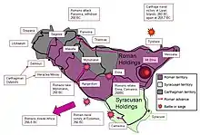 a map of Sicily showing Rome and Carthage's territories, movements and the main military clashes 260-256 BC