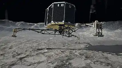 Representación del aterrizaje de Philae en el cometa. El aterrizaje real fue sobre una superficie mucho más escarpada.