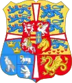 El escudo de armas del rey Christian X de Islandia desde 1918 hasta 1944 y Dinamarca desde 1903 hasta 1947. Islandia está representada por el halcón de plata en la esquina inferior izquierda. El halcón fue retirado de las armas danesas en 1948.