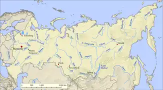 El Víchegda en un mapa de los ríos de Rusia