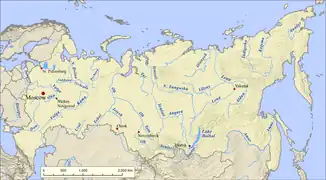 El Obi en un mapa de los ríos de Rusia