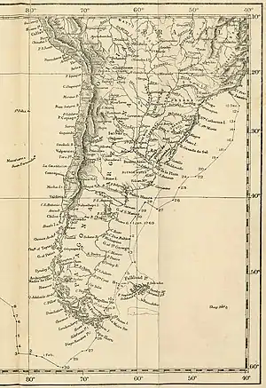 Ruta del HMB Endeavour desde Río de Janeiro hasta Tierra del Fuego, cabo de Hornos y el Pacífico Sur (10 de diciembre de 1768 - 6 de febrero de 1769). Fragmento de un grabado de I. Bayly para la edición de W.J.Ll. Wharton de los diarios del primer viaje de James Cook, ed. Elliot Stock, 1893, Londres.