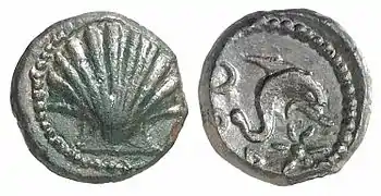 Moneda de Sagunto, con la representación de un delfín.