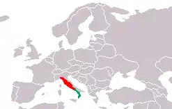 Distribución de Salamandrina perspicillata en rojo y de Salamandrina terdigitata en verde.