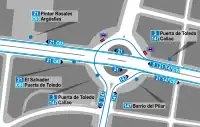 Mapa zonal de la estación de San Bernardo (Madrid) con los accesos al Metro y los recorridos de los autobuses de la EMT que pasan por ella, entre los que se encuentra la línea 147.