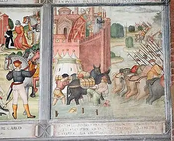 Anónimo lombardo, Historias de San Teodoro (1514), Carlomagno se ve obligado a abandonar el sitio de Pavía (detalle).