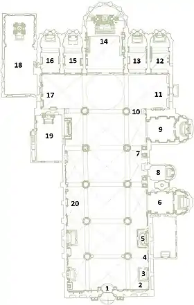 Planta de la basílica (1. Sotofachada, 2. Urna del dux Ranier, 3. Altar de la Virgen con el Niño y los santos, 4. Monumento de Marcantonia Bragadin, 5. Políptico de San Vincente Ferrer, 6. Capilla de bl. Jakub Salomon, 7. Mausoleo Valier, 8. Capilla de N.ª S.ª Reina de la Paz, 9. Capilla de Santo Domingo, 10. Altar de San Catalina de Siena, 11. Brazo dcho. transepto, 12. Capilla de la Santa Cruz, 13. Capilla de Santa María Magdalena, 14. Presbiterio, 15. Capilla de la S.ª Trinidad, 16. Capilla de San Pío V, 17. Brazo izqdo. transepto, 18. Capilla del Rosario, 19. Sacristía, 20. Nave lateral izqda.)