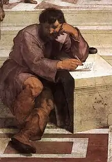 Miguel Ángel como Heráclito en La escuela de Atenas, por Rafael Sanzio, 1512.
