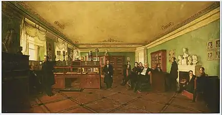 A. Mokrítsky y otros artistas de la escuela Venetsiánov, en una reunión de la gran oficina de Zhukovsky, 1830.
