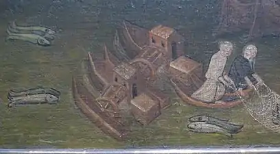 Molinos flotantes del Rin en una escena de pesca. Detalle en el Martirio de Santa Úrsula, pintado hacia 1411 por el Maestro de la Pequeña Pasión, conservado en el Museo Wallraf-Richartz de Colonia.
