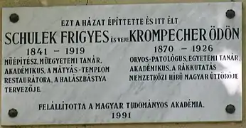 Placa conmemorativa a Schulek Frigyes  y Krompecher Ödön emléktábla, Budapest, XI., Ménesi út 19.