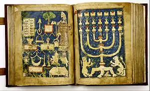 Sumo sacerdote de Israel con los utensilios del Templo, entre los que destaca la menorá. Pentateuco de Ratisbona, Baviera, 1300.