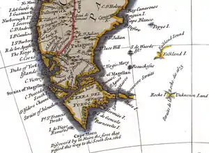 Mapa de 1744 del extremo sur de América del Sur en el que aparecen la isla Pepys, las Malvinas, Tierra del Fuego, el estrecho de Le Maire y el Cabo de Hornos tal y como entonces eran conocidos. Richard William Seale (1744).