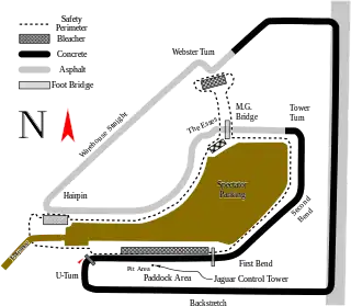 El trazado de la pista desde 1952 hasta 1966 (primera variación). Longitud: 8.356 metros. Récord de vuelta: Dan Gurney, Ford GT40, 2'54,6 (1966)