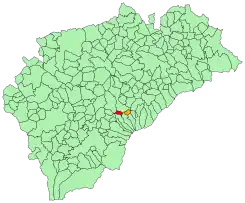 Extensión del término de Tenzuela (rojo) dentro del municipio de Pelayos del Arroyo (naranja) en la provincia de Segovia (verde)