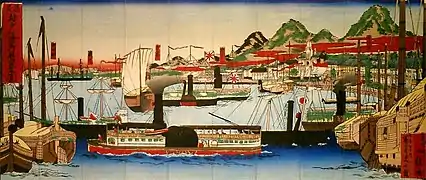 Este Nishiki-e (Tipo de arte japonés) muestra un barco de vapor extranjero entrando en el puerto de Hyōgo poco después de abrir sus puertas al mercado occidental a finales del siglo XIX.