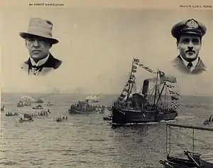 Escampavía Yelcho que rescatara en 1916, a la tripulación de la Expedición Imperial Transantártica junto a la foto de Ernest Shackleton (izquierda) y Luis Pardo Villalón.