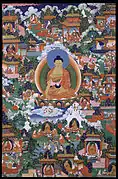 Buda Shakyamuni con escenas de leyendas Avadana, Tibet, siglo XIX.