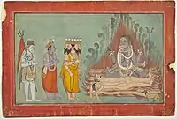 Shiva, Vishnu, y Brahma adorando a Kali.