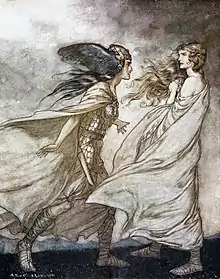 Waltraute la valquiria (izquierda) intentando convencer a Brünnhilde, ex valquiria y ya mortal.