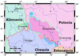 La Silesia histórica superpuesta con las fronteras actuales: la medieval (rosa obscuro), la bohemia premoderna (violeta claro) y la provincia de los Habsburgo y la Silesia prusiana (frontera amarilla).