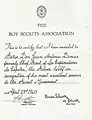 Certificado firmado por Baden-Powell concediendo el Lobo de Plata británico, abril de 1940.