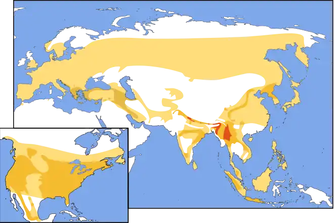 Mapa de Eurasia y América del Norte que muestran la distribución descrita en el texto anterior.