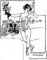 Esbozo de Marguerite Martyn de 1911, donde se representa a sí misma alzada por la artista de fuerza en la pista, ante el público.
