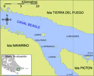 Mapa del canal Beagle con la localización de las islas Becasses.