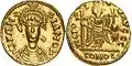 Moneda acuñada en el reino merovingio (probablemente bajo Teodorico I de Austrasia), utilizando el nombre del emperador bizantino Justiniano I.