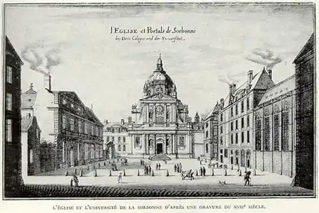 La Sorbona, universidad de París, en un grabado del siglo XVII Era la más prestigiosa del mundo católico. Otras también eran muy destacadas, como Lovaina, Coimbra o las españolas. Oxford y Cambridge quedaban en el ámbito del anglicanismo.