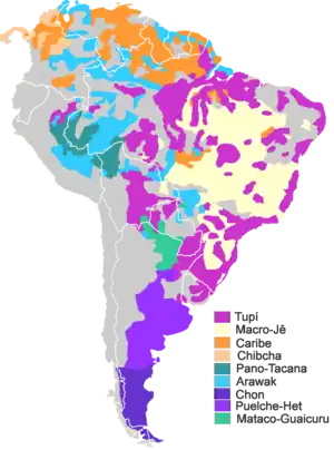 Las principales familias lingüísticas de América del Sur (exceptuando el quechua, el aimara, el mapuche y el guaraní).
