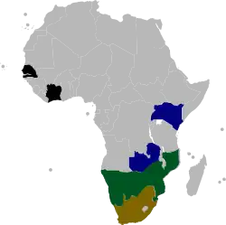 alt=Distribución del rinoceronte blanco del sur según la UICN.
     Existente (Residente)
     Existente y reintroducido (Residente)
     Colonización existente y asistida (Residente)
     Presencia incierta y colonización asistida