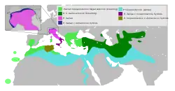 alt=
     Zona de cría de P. h. hispaniolensis
     Zona de cría de P. h. transcaspicus
     Área de invernada
     Passer italiae

Los otros colores representan zonas de hibridación.