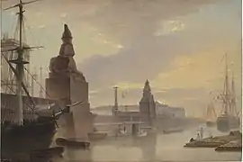 Las esfinges y grifos en el muelle frente la Academia. Por Maksim Vorobiov. 1835.